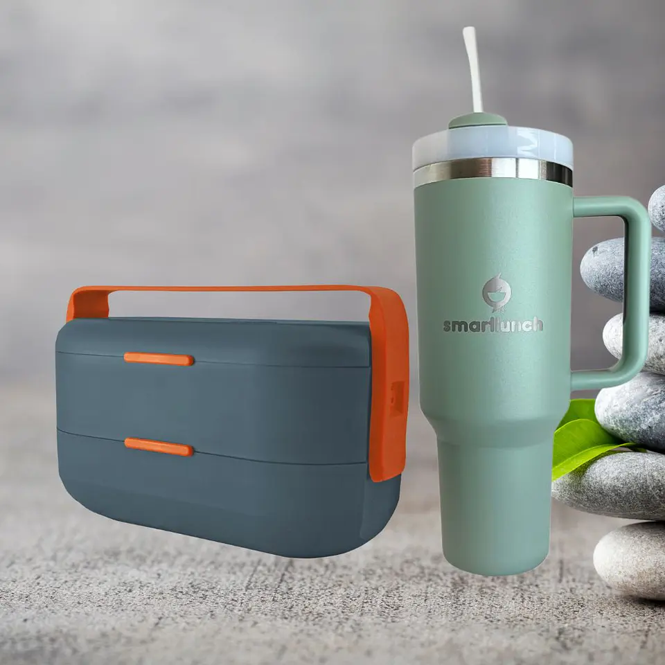 Set Copo Térmico Verde e Marmita Bento AzulCinza 1