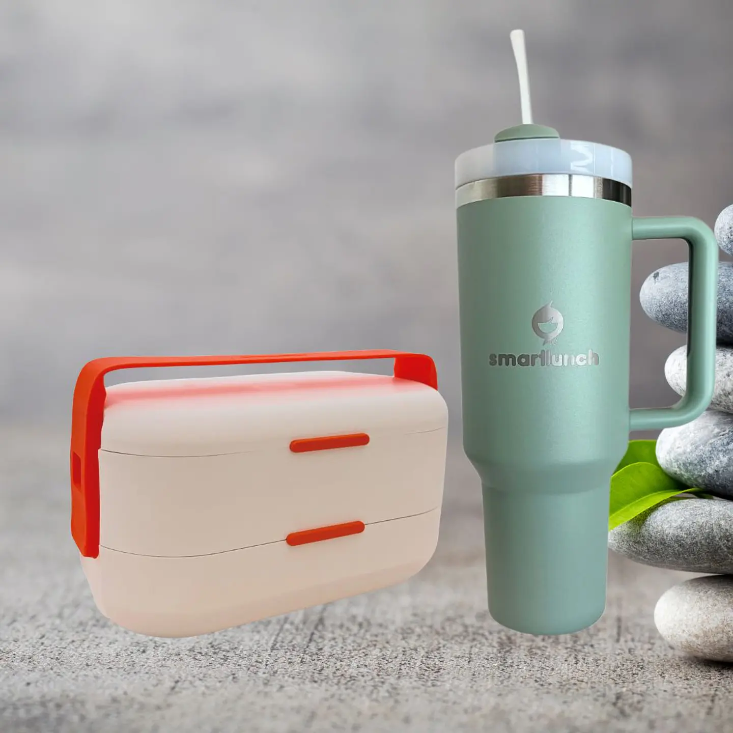 Set Copo Térmico Verde e Marmita Bento Branca 1