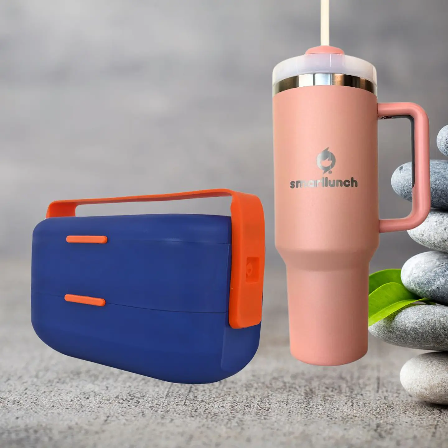 Set Copo Térmico Beje e Marmita Bento Azul  1