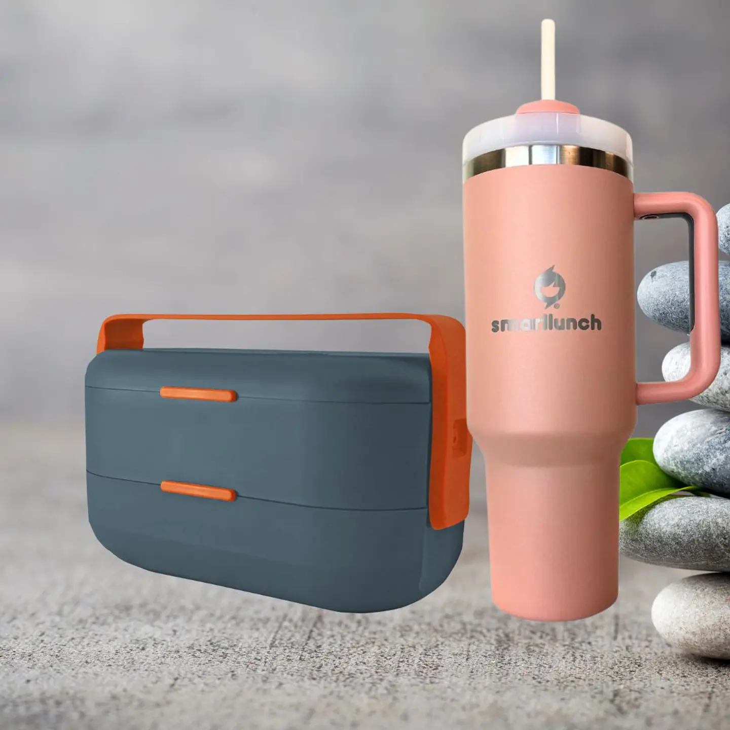 Set Copo Térmico Beje e Marmita Bento Azul Cinza 1