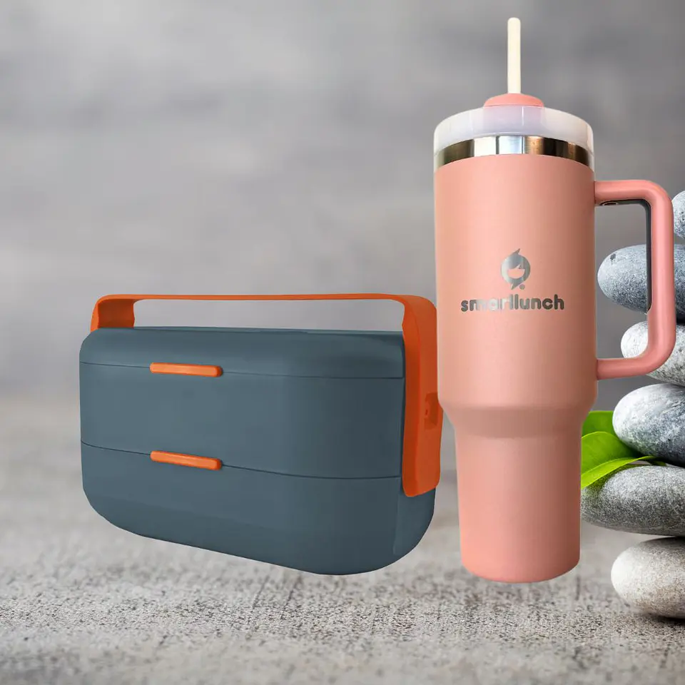 Set Copo Térmico Beje e Marmita Bento Azul Cinza 1