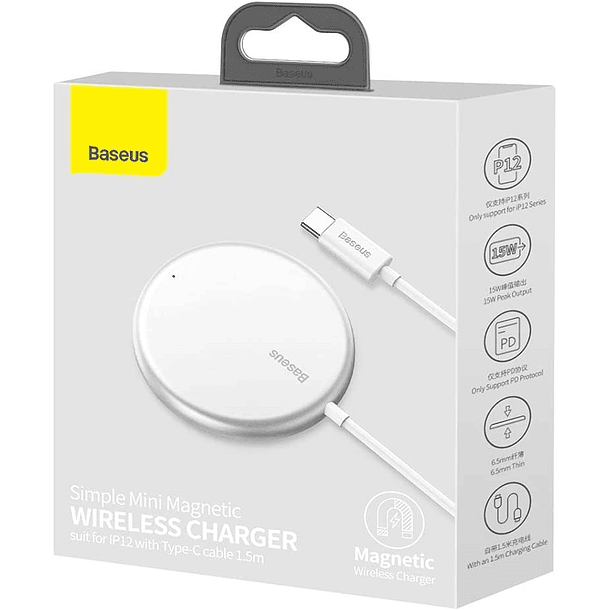Baseus Simple Mini Magnetic Wireless Charger(suit for IP12 with Type-C cable 1.5m) White 1