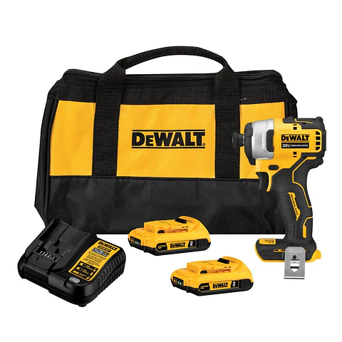 Atornillador de Impacto Atomic 20V DeWalt - 2 Baterías de 2.0Ah + Cargador + Bolso de Traslado