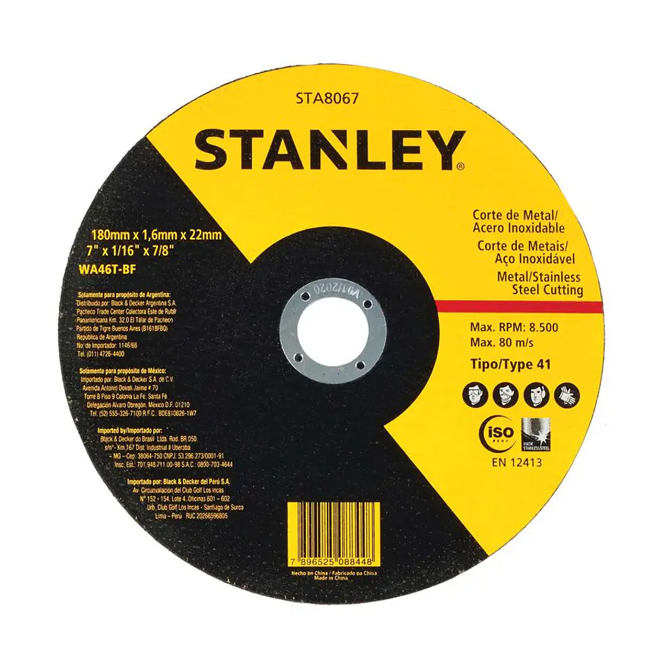 Disco de Corte Metal 7’’ (180 x 1,6 x 22 Mm) Tipo 1 Stanley 1