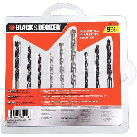 Set de 9 Brocas Madera, Concreto y Metal Black+Decker