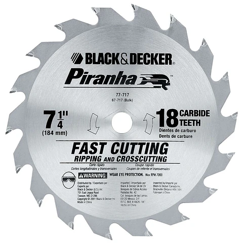 Disco de Sierra 7 1/4'' Black+Decker - 18 Dientes - Eje 5/8'' (16 Mm) - Corte Grueso Madera
