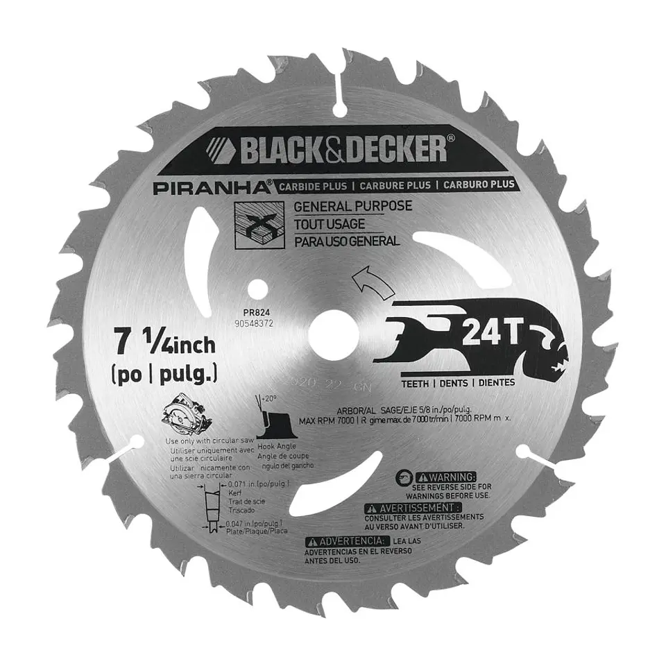 Disco de Sierra 7 1/4'' Black+Decker - 24 Dientes - Eje 5/8'' (16 Mm) - Corte Medio Madera 1