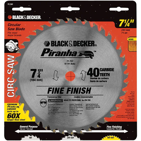 Disco de Sierra 7 1/4'' Black+Decker - 40 Dientes - Eje 5/8'' (16 Mm) - Corte Fino Madera