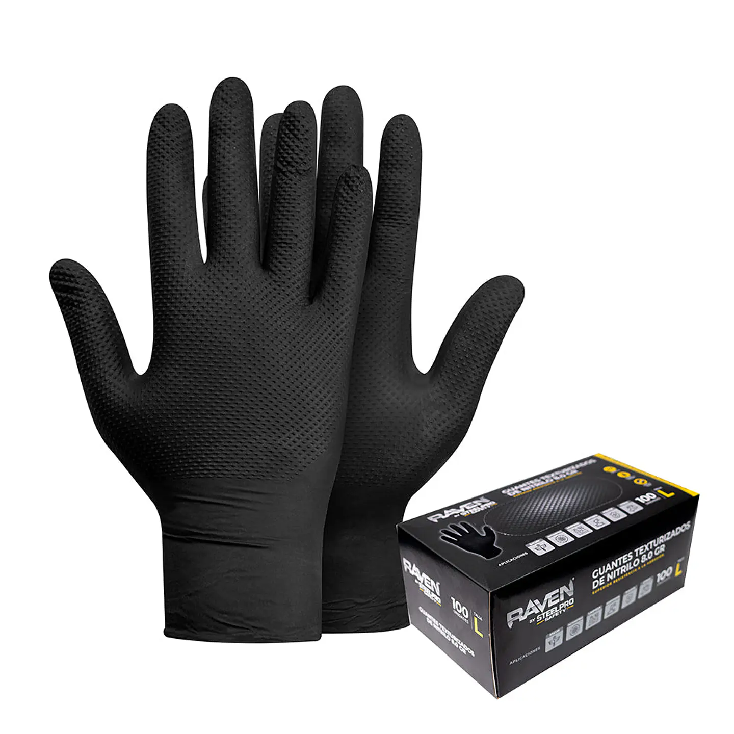 Guante Raven Nitrilo Texturizado Negro 8.0 Gr Steelpro Caja 100 Und 1