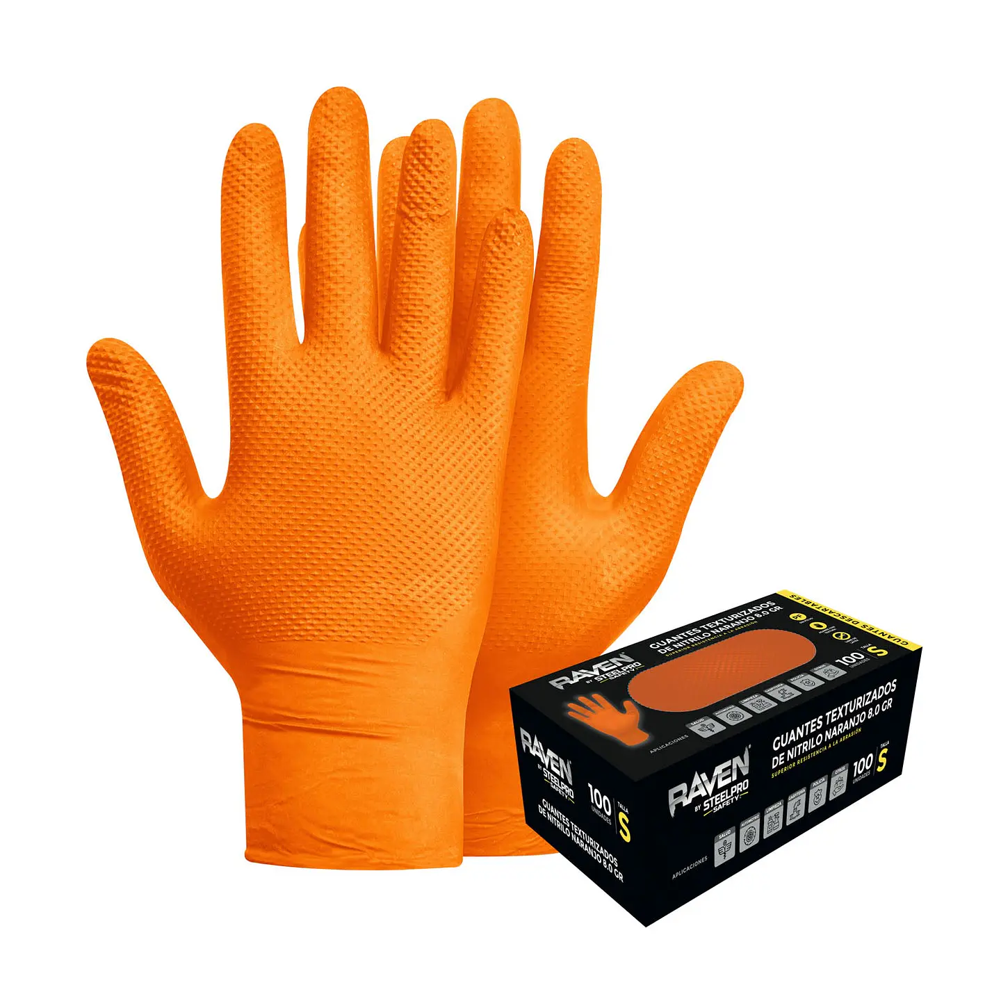 Guante Raven Nitrilo Texturizado Naranjo 8.0 Gr Steelpro Caja 100 Und 1