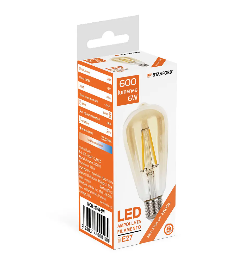 Ampolleta LED Vintage 6W 2500K E27 Stanford 1