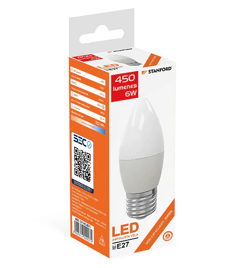 Ampolleta Vela 6W 3000K E27 Stanford