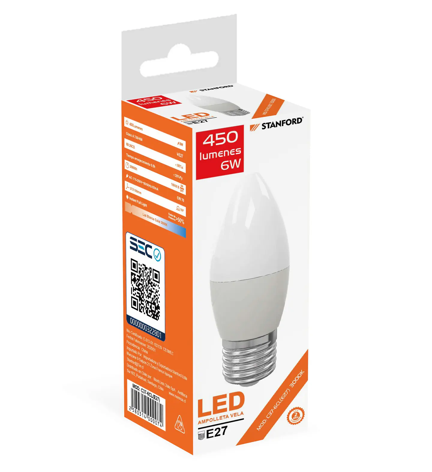 Ampolleta Vela 6W 3000K E27 Stanford 1