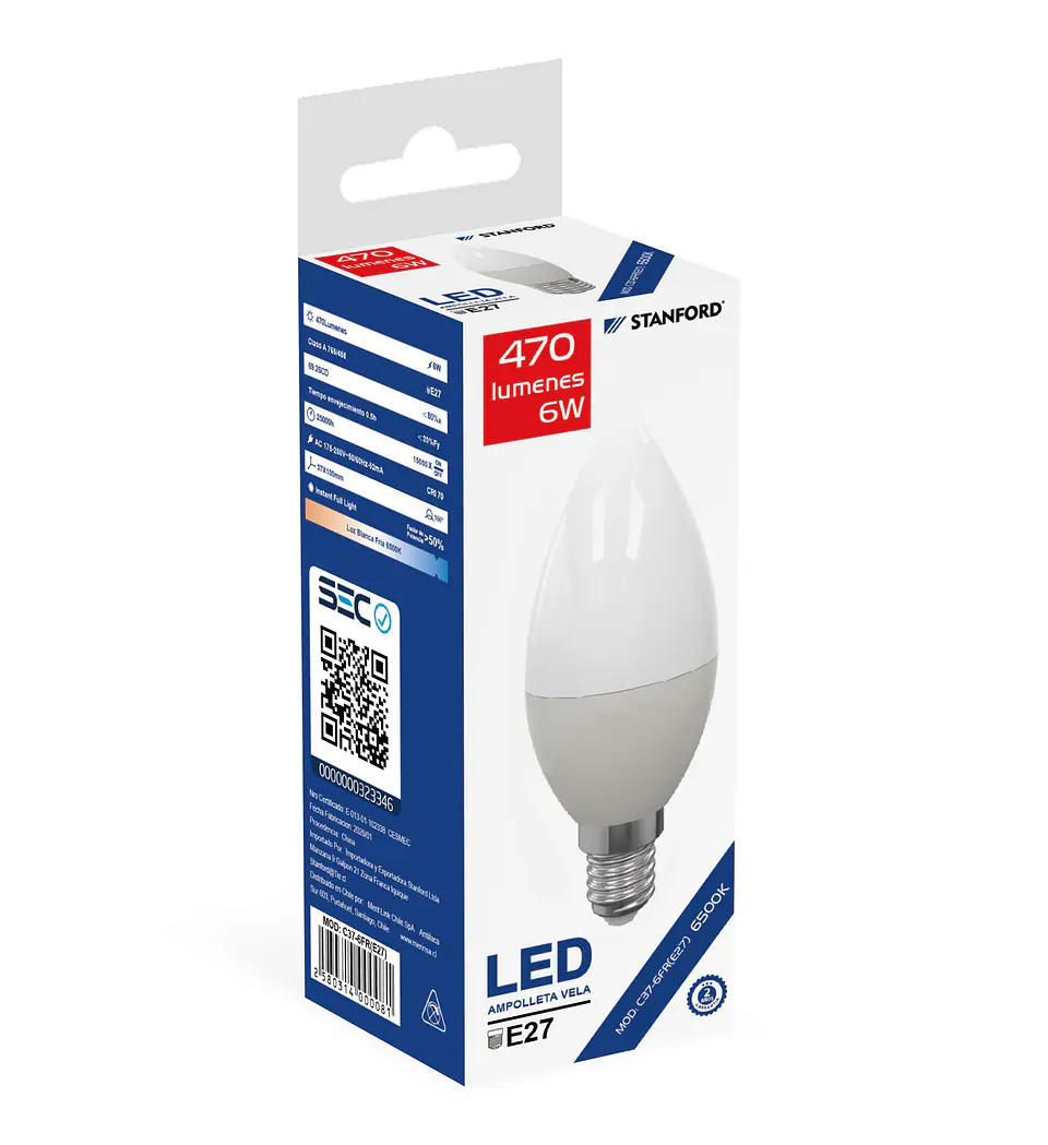 Ampolleta Vela 6W 6500K E14 Stanford 1