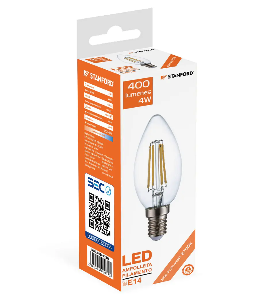 Ampolleta Filamento Vela 4W 2700K E14 Stanford 1
