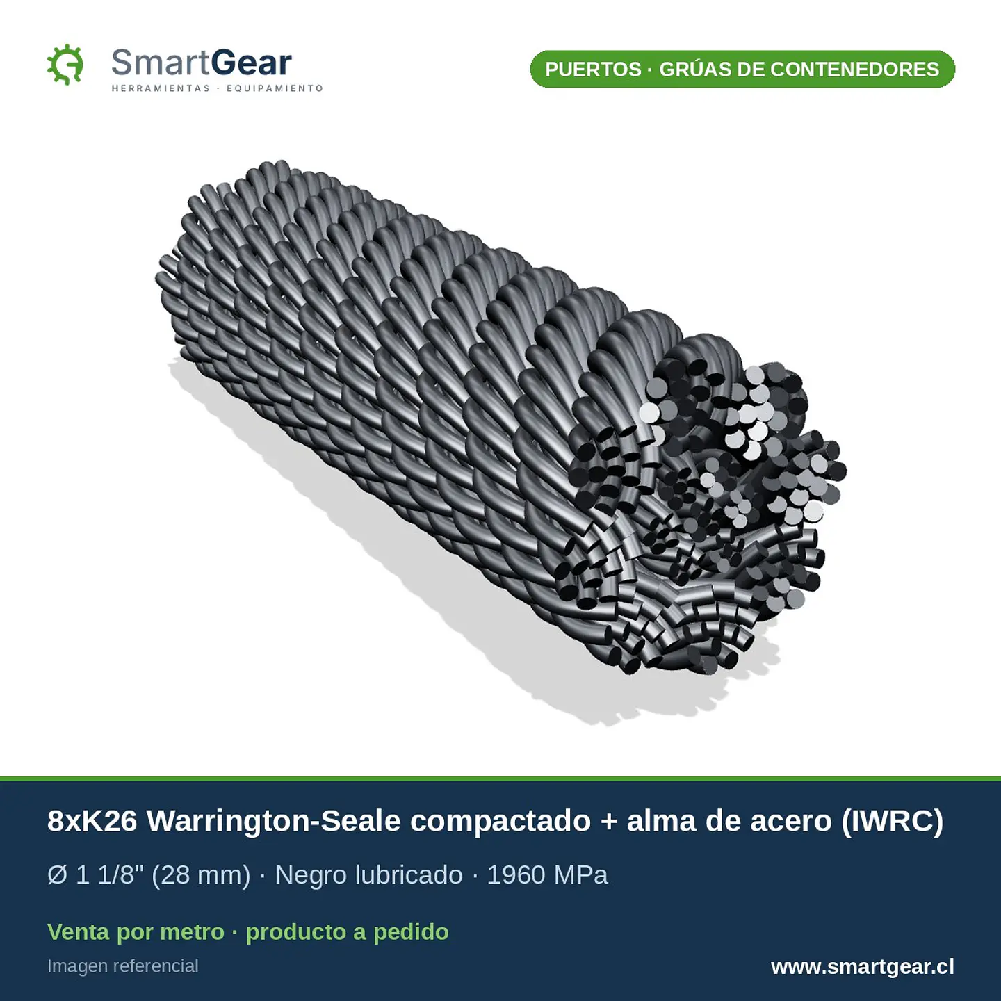 Cable de acero SmartGear compactado 8xK26 alma de acero negro 1 1/8