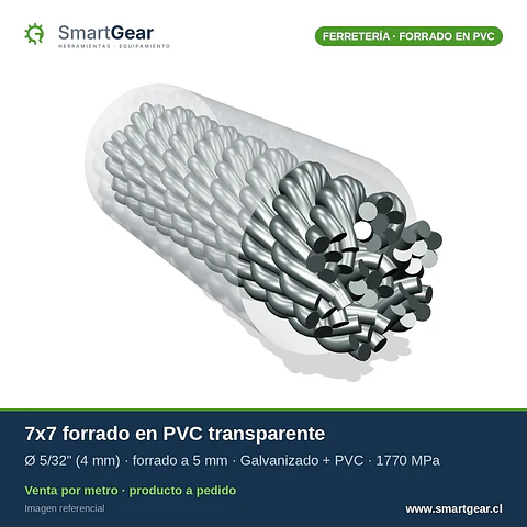 Cable de acero SmartGear 7x7 galvanizado forrado en PVC 5/32" (4 mm) a 5 mm · A pedido