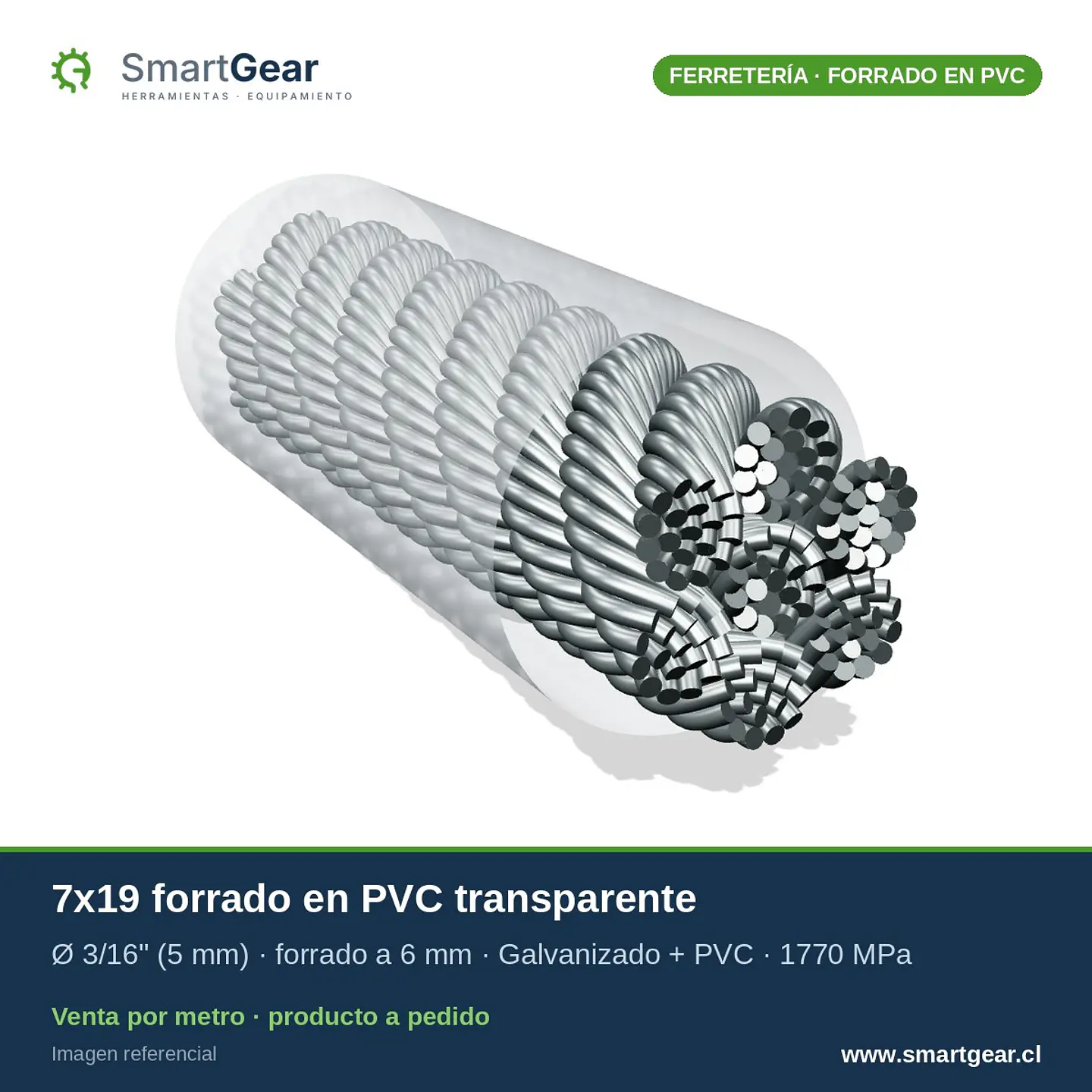 Cable de acero SmartGear 7x19 galvanizado forrado en PVC 3/16
