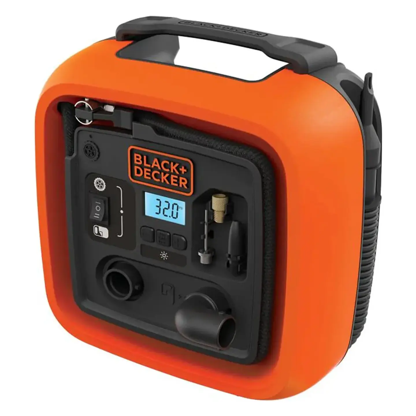 Inflador de 12V Black+Decker - Incluye (1) Punta para Balones, (1) Adaptador de Válvula , (1) Adaptador de Inflables Pequeños y (1) Manguera de Alto V 1