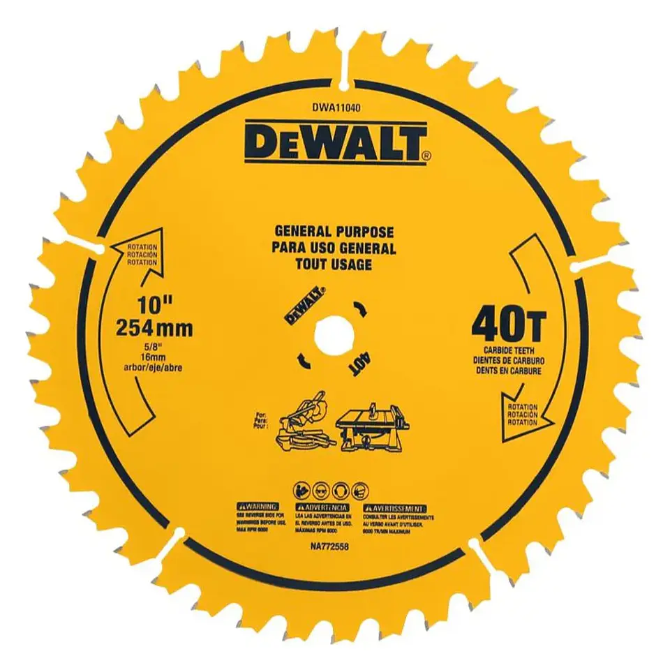 D. Sierra 10'' DeWalt - 40 Dientes - Eje 5/8'' (16 Mm) - Corte Grueso/rápido Madera - Reemplazo DW3114 1
