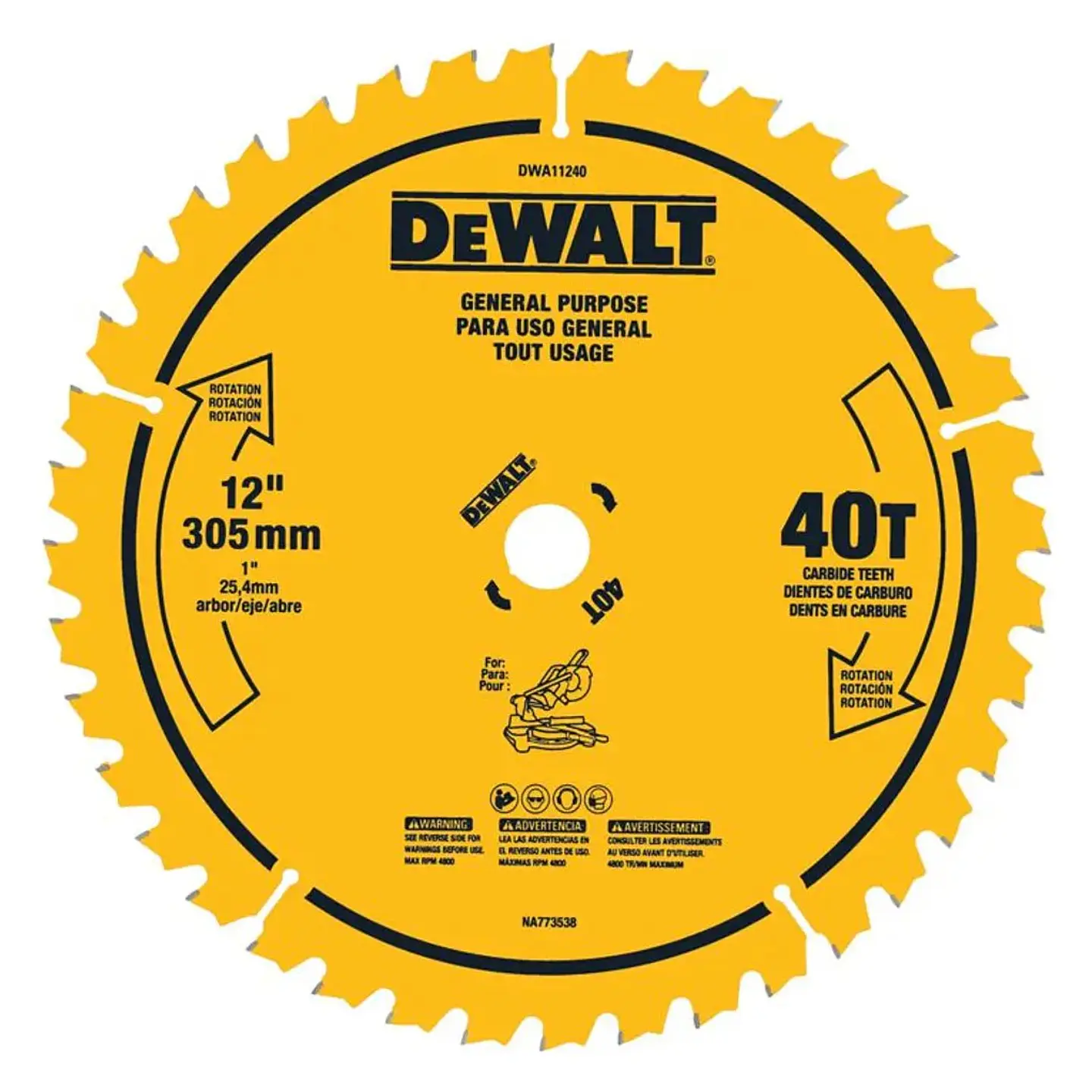 D. Sierra 12'' DeWalt - 40 Dientes - Eje 1'' (25 Mm) - Corte Grueso/rápido Madera - ReemplazoDW3123 1