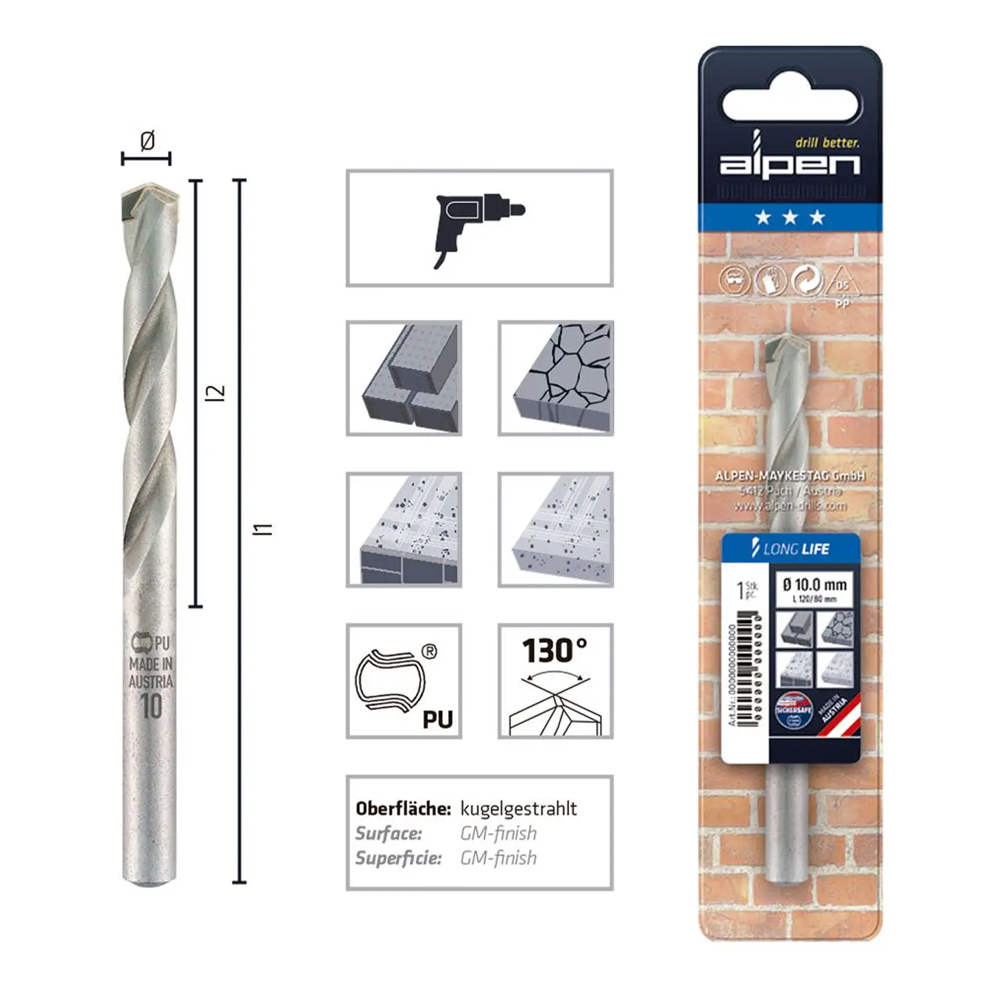 Broca para Piedra 10,0 mm Largo 120 mm Long Life Alpen 2