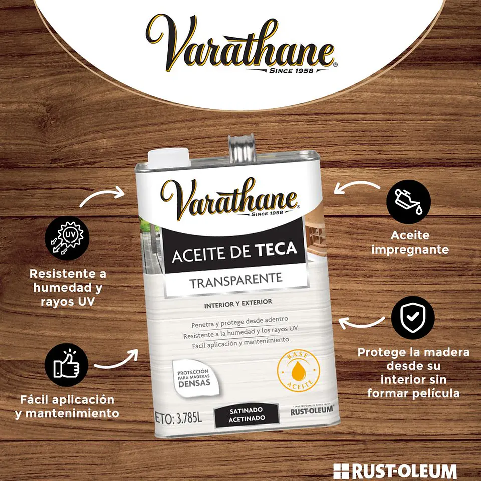 Aceite de Teca Protector para Madera Exterior 3.785 L Varathane Rust-Oleum 2