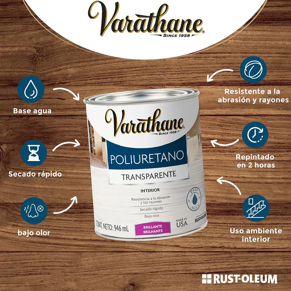 Poliuretano Interior Brillante 946 ml Varathane Rust-Oleum 2