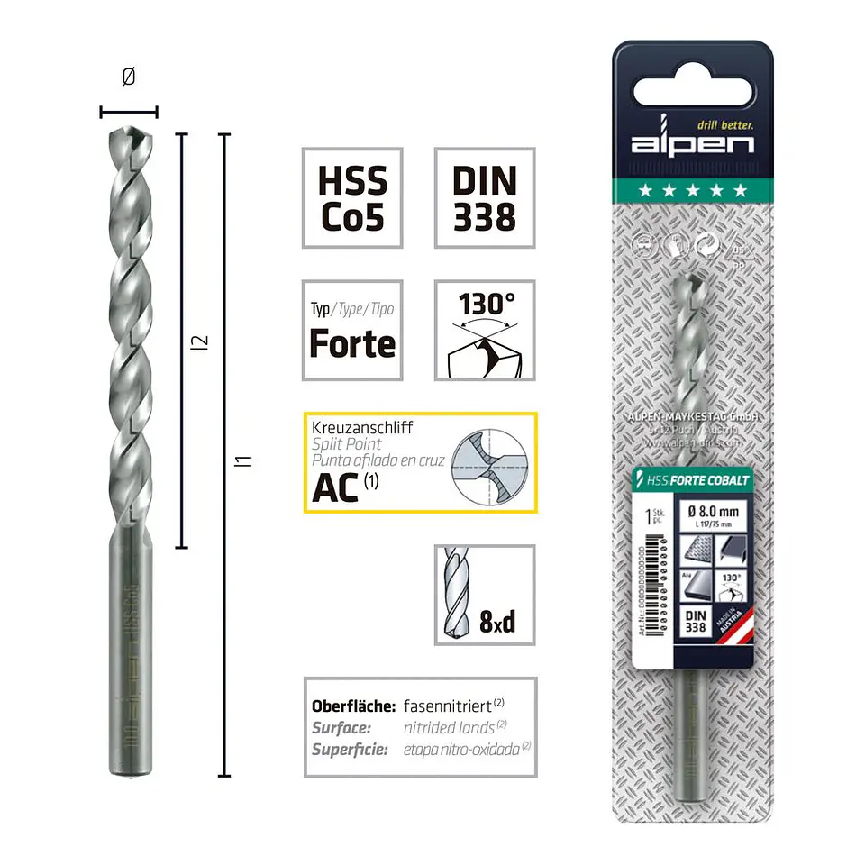 Broca para Acero Inoxidable 8,0 mm HSS Cobalto 5% Largo 117 mm Alpen 2