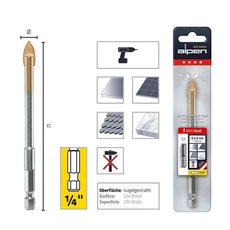 Broca para Vidrio 6 mm Largo 105 mm Hexagonal 1/4'' Profi Glas Alpen 2