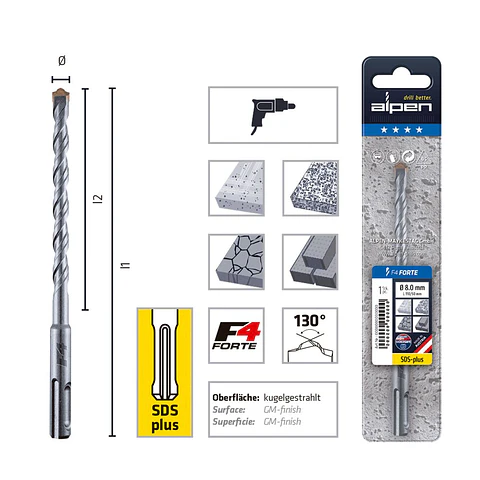 Broca para Concreto 10 mm Largo 310 mm SDS Plus F4 Forte Alpen