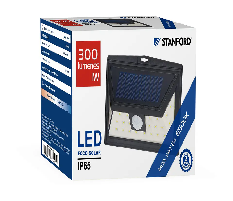 Foco Solar SWT-24 1W 6500K IP65 Negro Exterior con Sensor de Movimiento Stanford 1