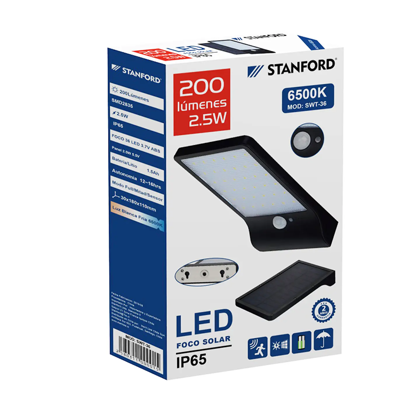 Foco Solar SWT-36 2.5W 6500K IP65 Negro Exterior con Sensor de Movimiento Stanford 1