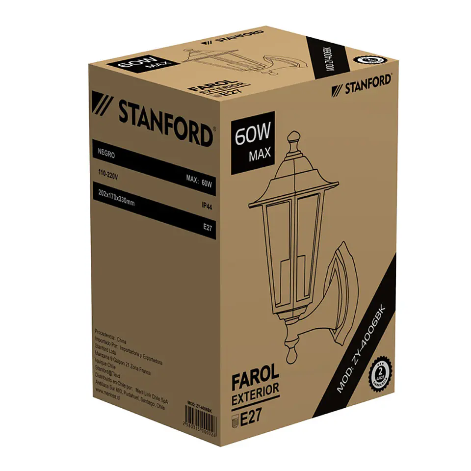 Farol Exterior Colonial a Muro ZY-4006 6 Caras 60W E27 IP44 220V Negro Stanford 1