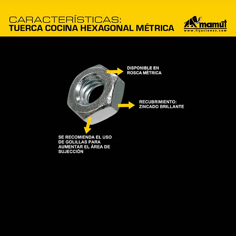 Tuerca Cocina Hexagonal Métrica M4-0.7 Mamut · Caja de 100 un.