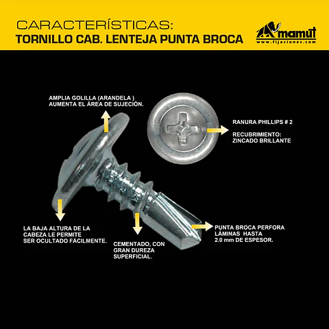 Tornillo Cabeza Lenteja con Golilla Punta Broca #8 x 3/4" Mamut · Caja de 100 un.