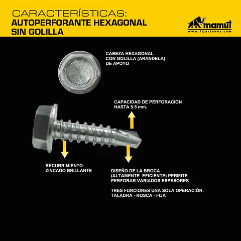 Autoperforante Hexagonal sin Golilla #10-16 x 3/4" Mamut · Caja de 100 un.