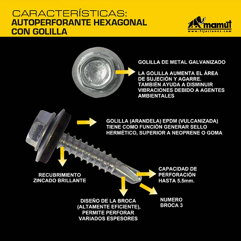Autoperforante Hexagonal con Golilla Metal + Epdm #12-14 x 1 1/2" Mamut · Caja de 100 un.