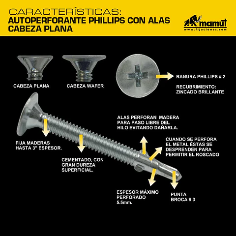 Autoperforante Phillips con Alas Cabeza Plana #10-24 x 1 7/16" Mamut · Caja de 100 un.