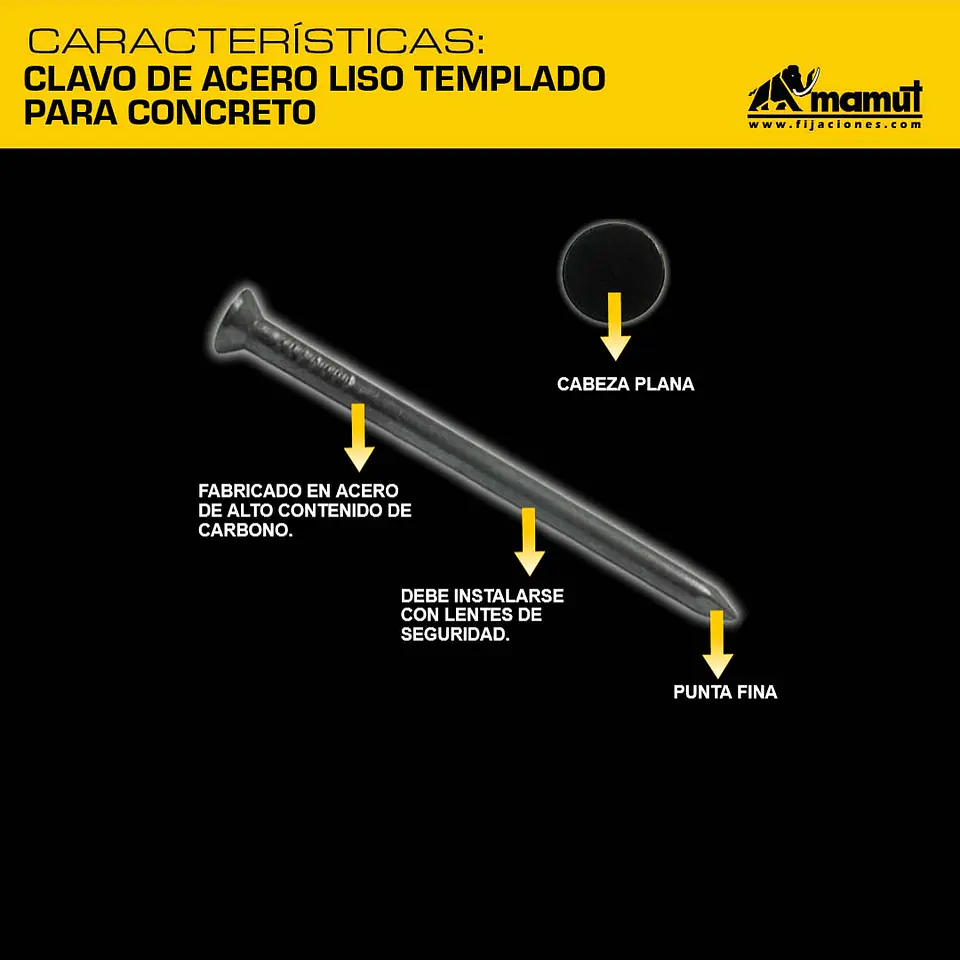 Clavo de Acero Liso Templado para Concreto 2.5 x 30 Mm Mamut · Caja de 500 un. 2