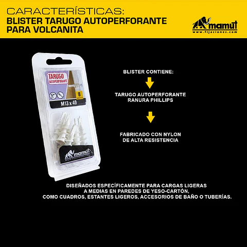 Tarugo Autoperforante para Volcanita M13 x 40mm (plastico, Blister) Mamut · Caja de 8 un.