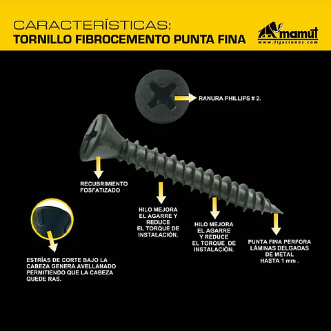 Tornillo Avellanante para Fibrocemento Punta Fina Hi-lo #7(3.9mm) x 1 3/4" Mamut · Caja de 100 un.