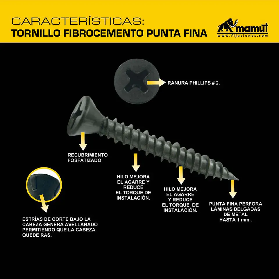 Tornillo Avellanante para Fibrocemento Punta Fina Hi-lo #7(3.9mm) x 1 3/4