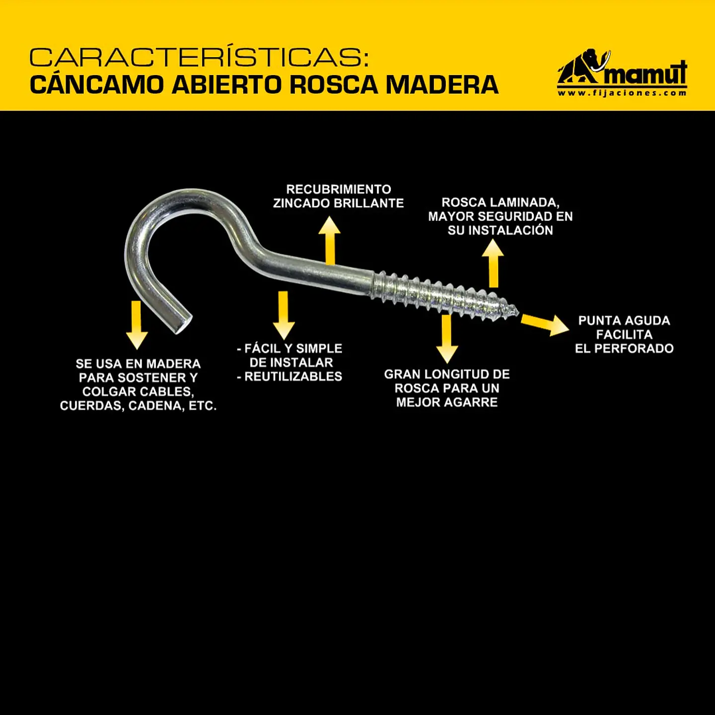Cáncamo Abierto Rosca Madera #0 (2.00mm) x 23mm Mamut · Caja de 100 un. 2