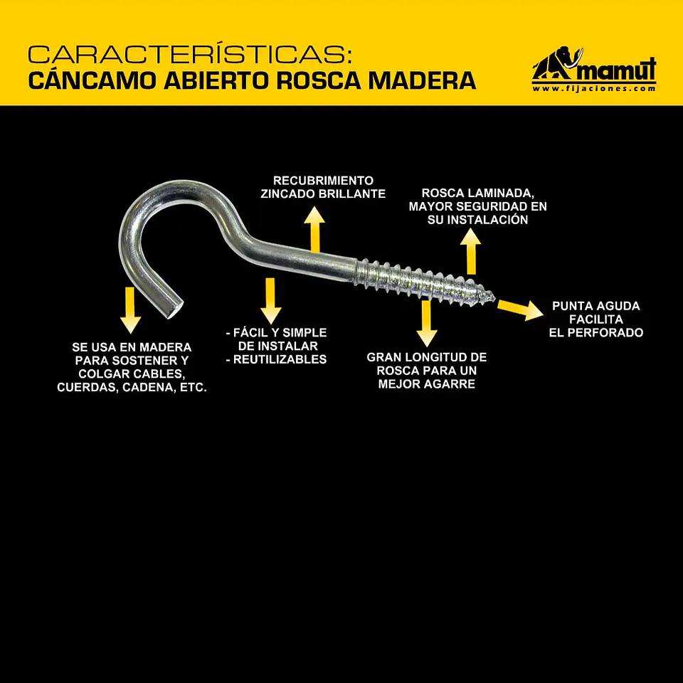 Cáncamo Abierto Rosca Madera #1 (2.50mm) x 30mm Mamut · Caja de 100 un. 2