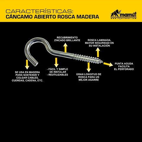 Cáncamo Abierto Rosca Madera #7 (4.85mm) x 61mm Mamut · Caja de 100 un.