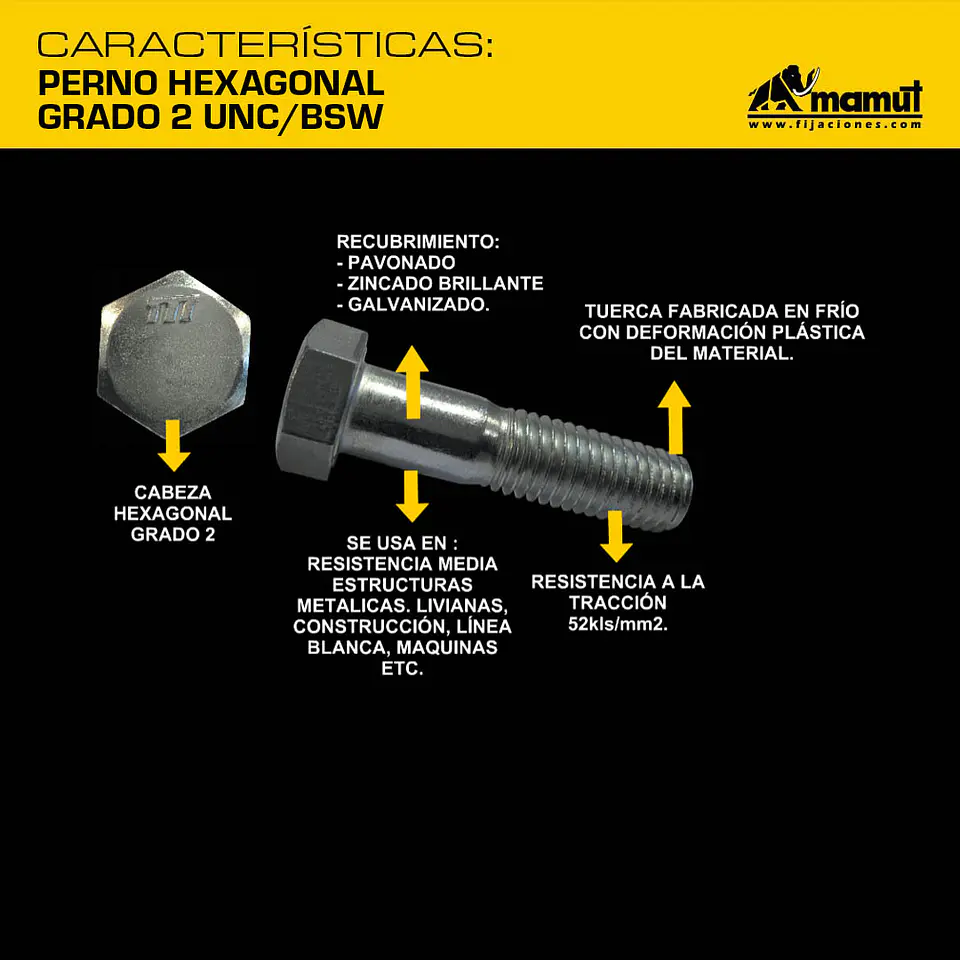 Perno Hexagonal Grado 2 Unc/bsw 3/8-16 x 1