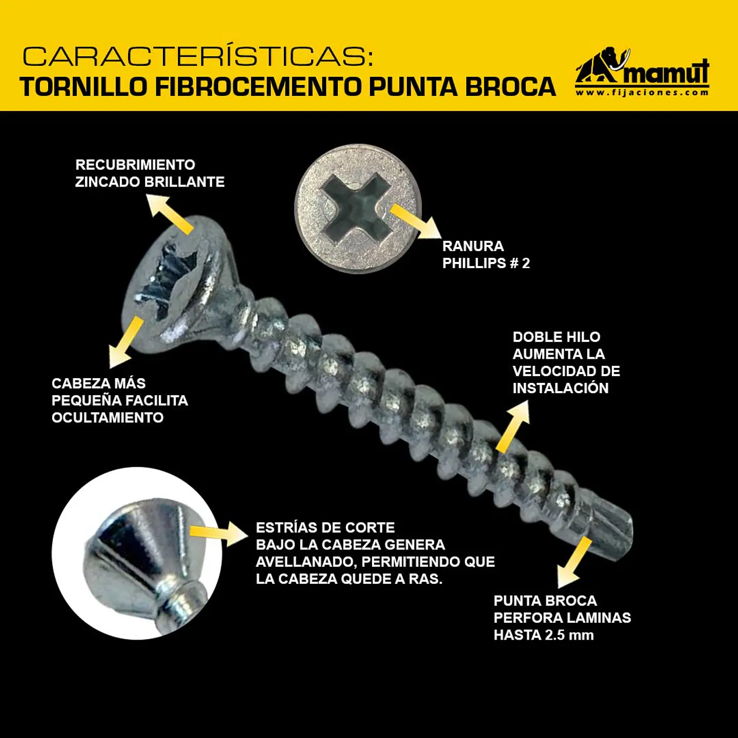 Tornillo Avellanante para Fibrocemento Punta Broca #6 x 1