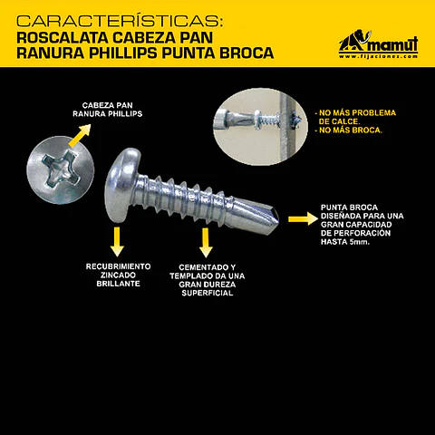 Roscalata Cabeza Pan Ranura Phillips Punta Broca #8 x 3/4" Mamut · Caja de 100 un.