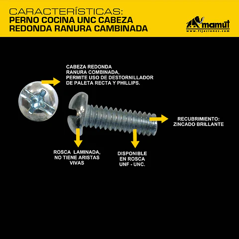 Perno Cocina Unc Cabeza Redonda Ranura Combinada #10-24 (3/16") x 1 1/2" Mamut · Caja de 100 un.
